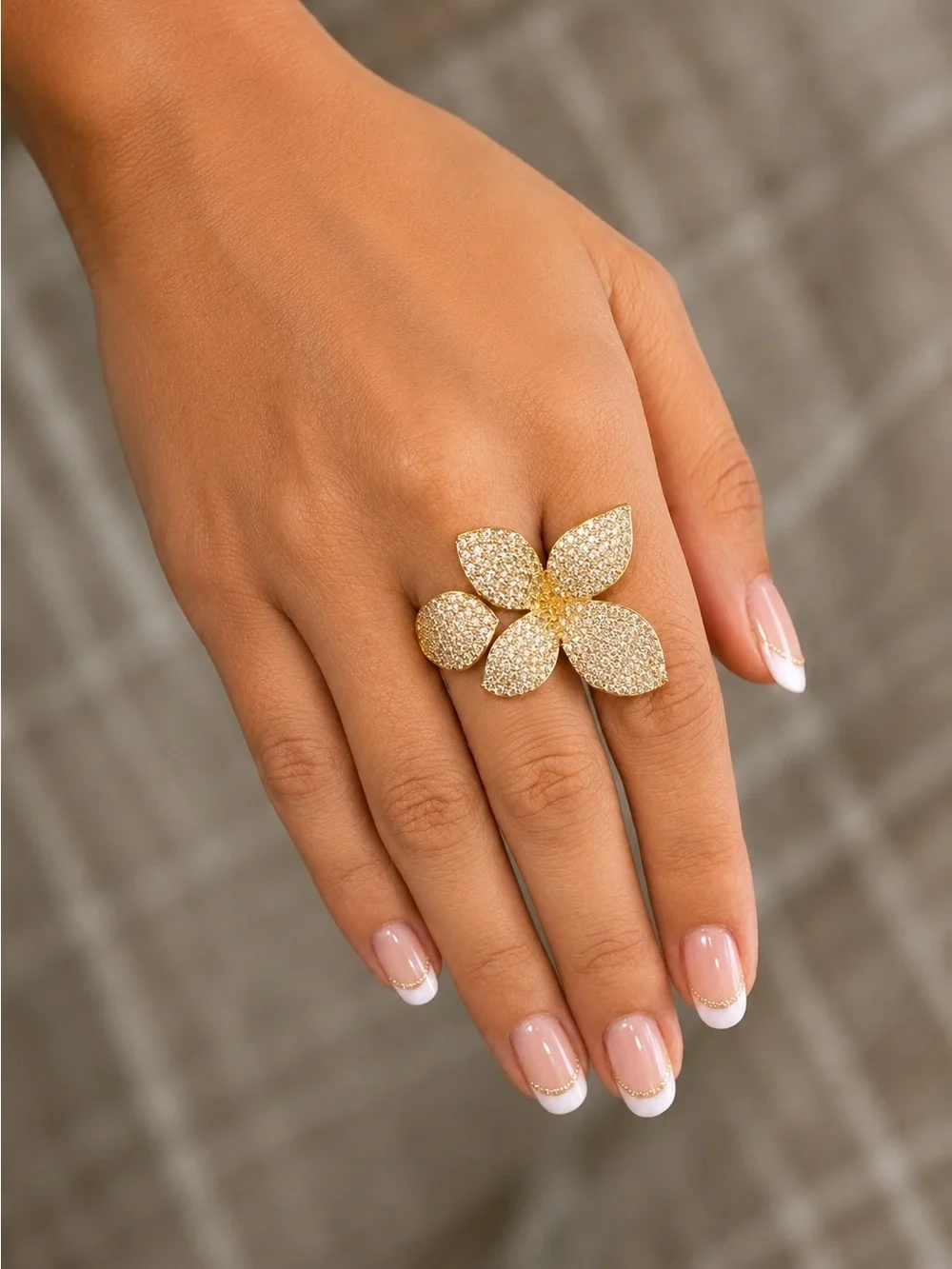 Gold Pavé Crystal Flower Statement Ring Oversized Floral Ring